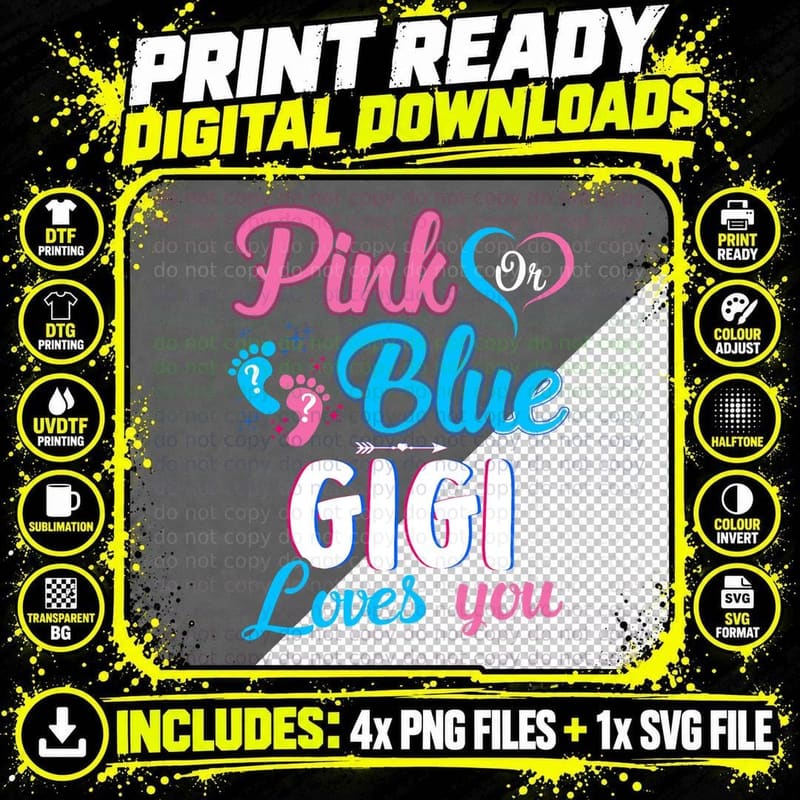 Pink or Blue Gigi Loves You Cute Gender Reveal Baby Png SVG Digital Bundle