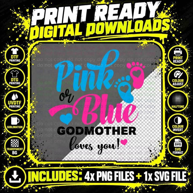 Pink or Blue Godmother Loves You Gender Reveal Baby Png SVG Digital Bundle
