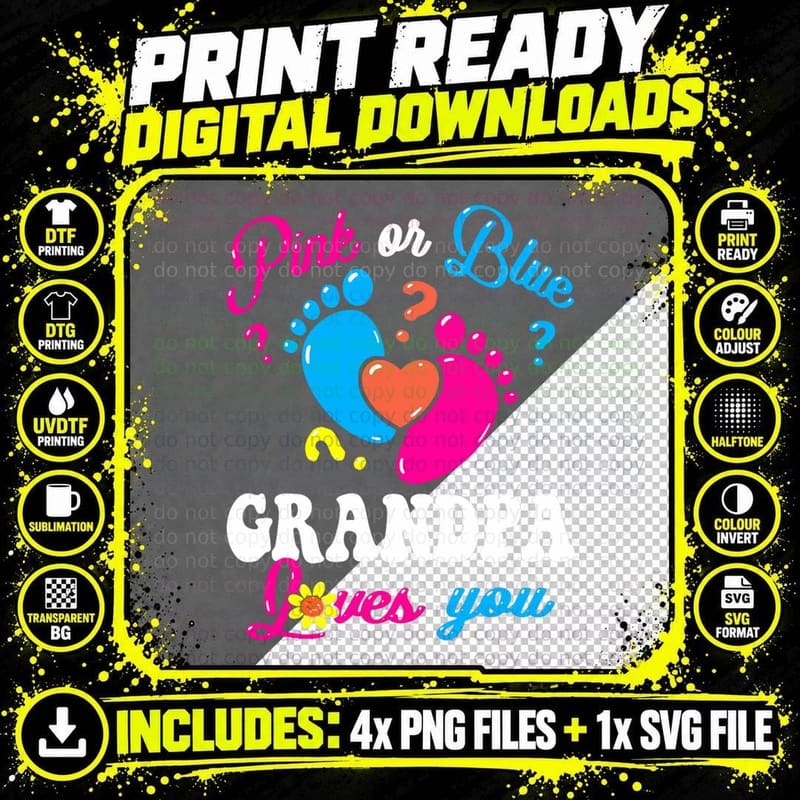 Pink or Blue Grandpa Loves You Baby Gender Reveal Party Png SVG Digital Bundle