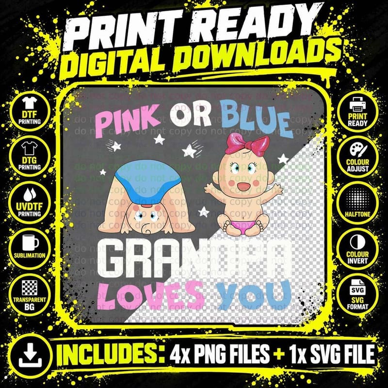 Pink or Blue Grandpa Loves You Shirt Baby Gender Reveal Png SVG Digital Bundle