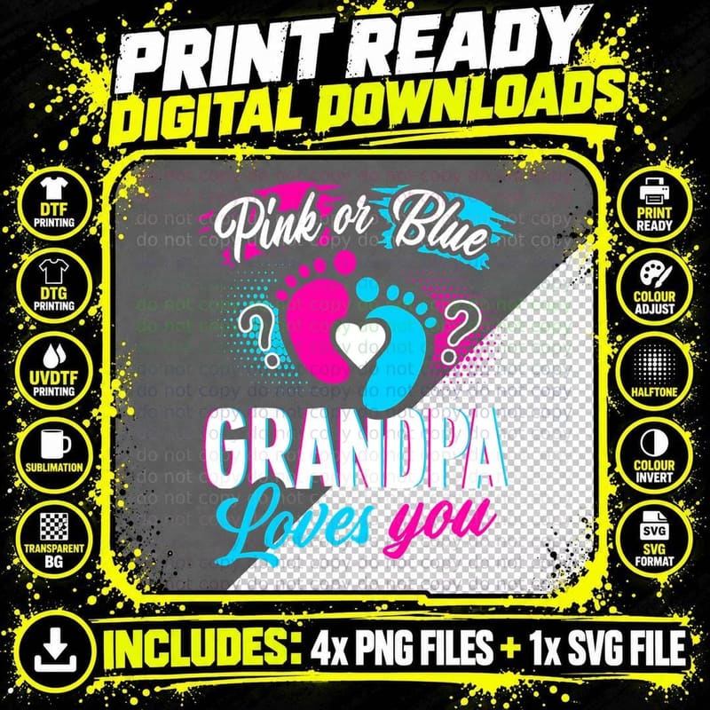Pink or Blue Grandpa Loves You T Gender Reveal Baby Png SVG Digital Bundle