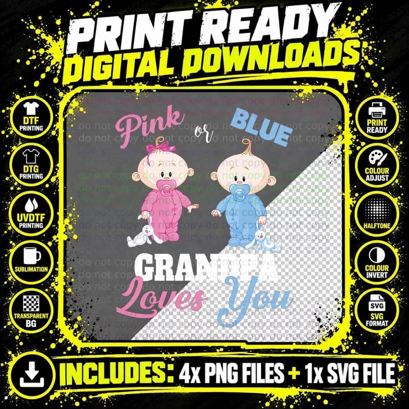 Pink or Blue Grandpa Loves You-Gender Reveal Shirt Png SVG Digital Bundle