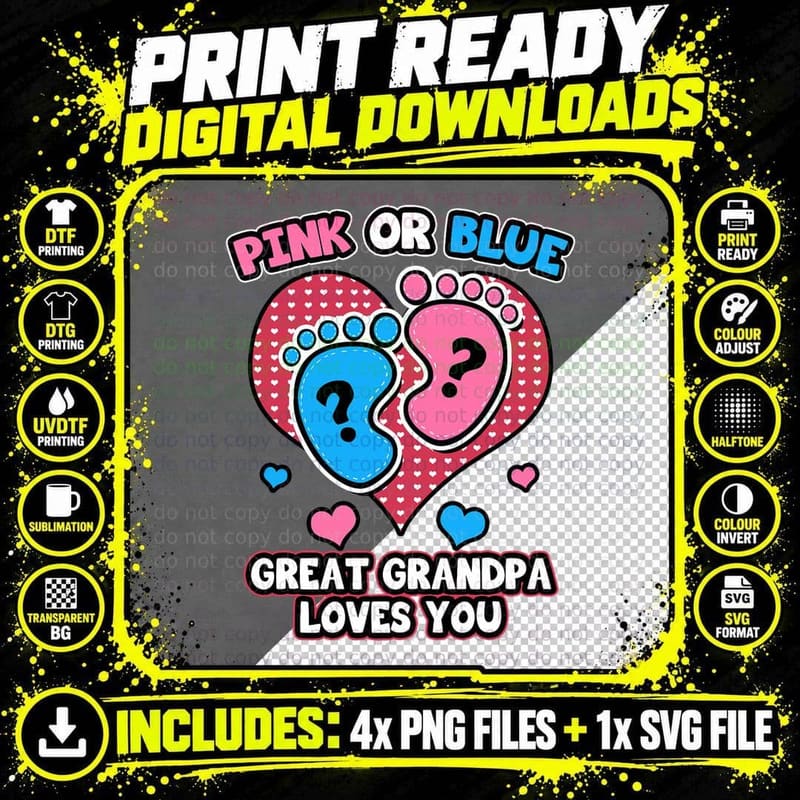 Pink or Blue Great Grandpa Loves You Gender Reveal Party Png SVG Digital Bundle