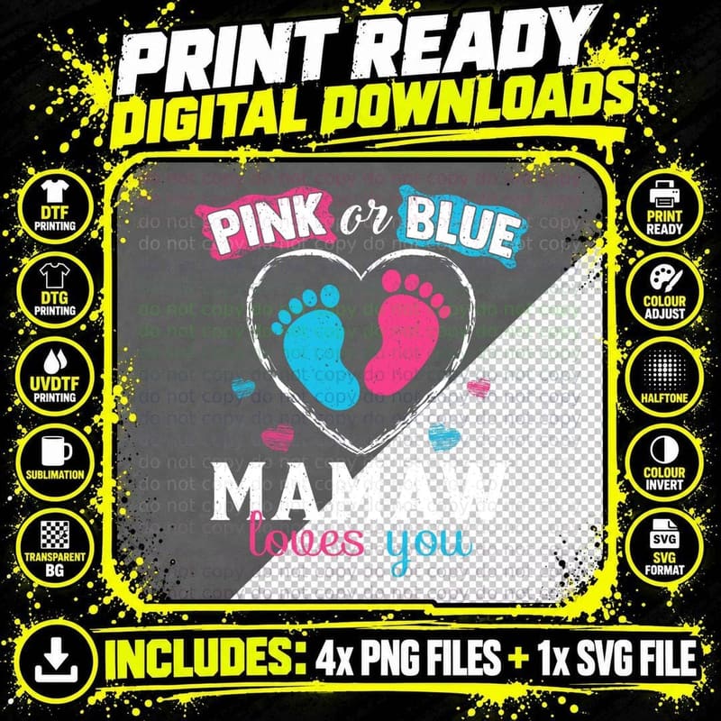 Pink or Blue Mamaw Loves You Baby Gender Reveal T-Shirt Png SVG Digital Bundle