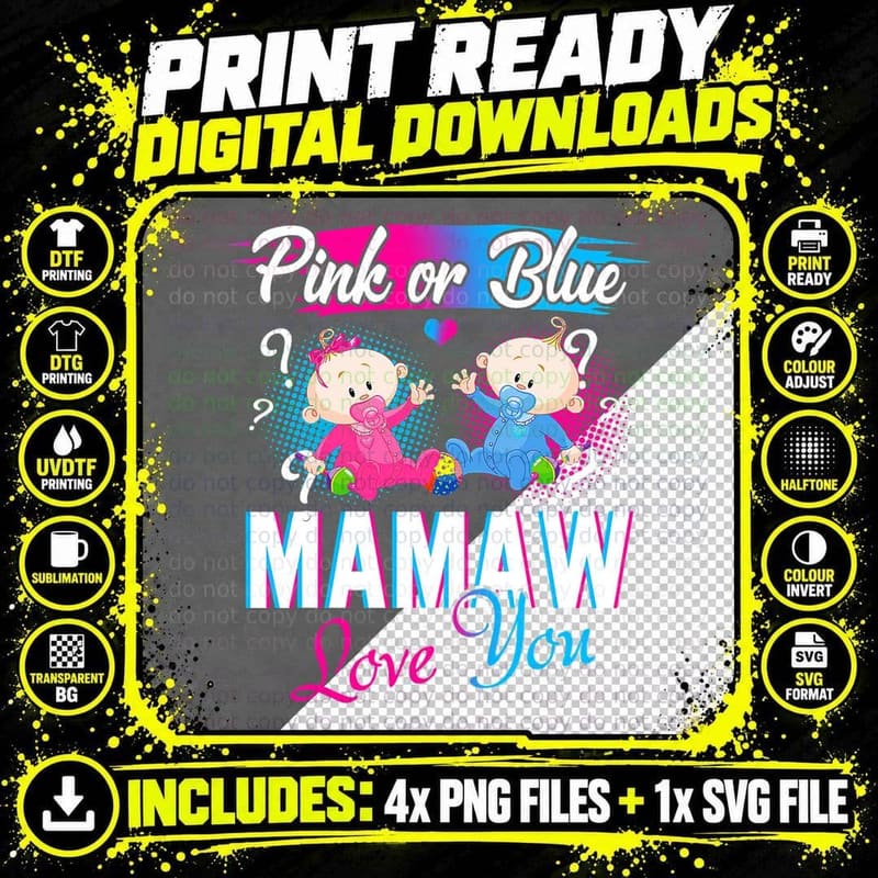 Pink or Blue Mamaw Loves You Gender Reveal Baby T-Shirt Png SVG Digital Bundle