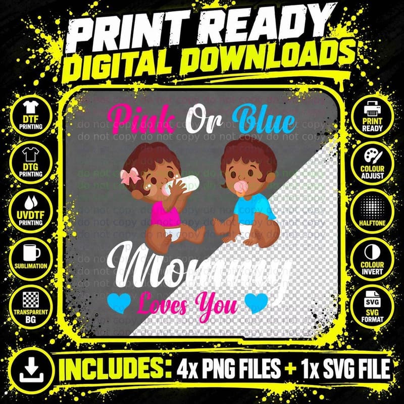 Pink or Blue Mommy Loves You - Mommy to Be Gender Reveal Png SVG Digital Bundle
