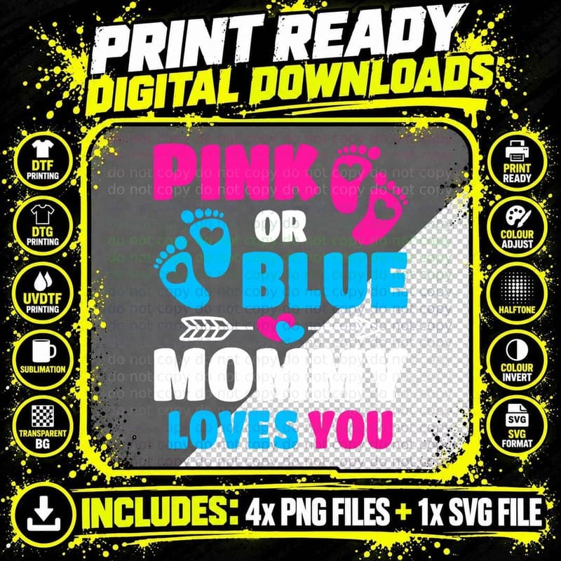Pink or Blue Mommy Loves You Gender Reveal Baby Shower Png SVG Digital Bundle