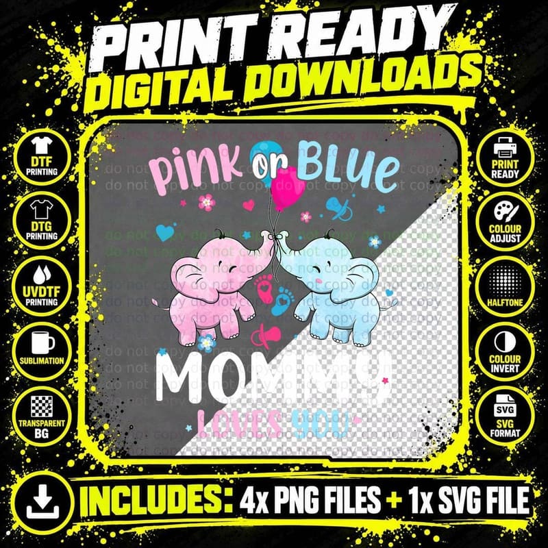 Pink or Blue Mommy Loves You Gender Reveal Elephant Png SVG Digital Bundle
