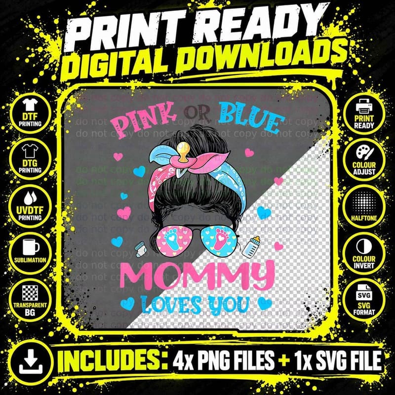 Pink or Blue Mommy Loves You Gender Reveal Messy Bun Png SVG Digital Bundle