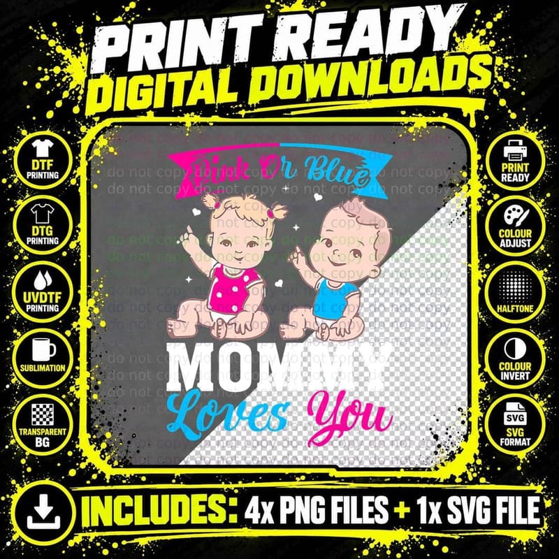 Pink or Blue Mommy Loves You Gender Reveal T-Shirt Png SVG Digital Bundle