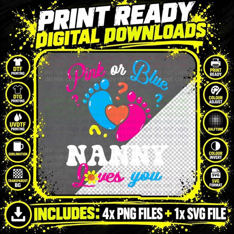 Pink or Blue Nanny Loves You Baby Gender Reveal Women Png SVG Digital Bundle