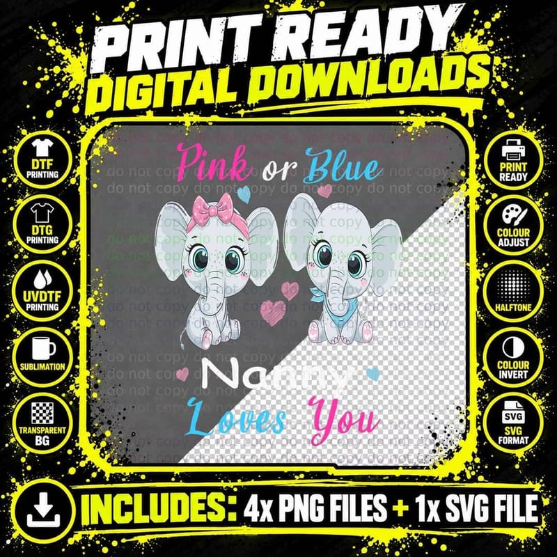 Pink or Blue Nanny Loves You Elephants Baby Gender Png SVG Digital Bundle