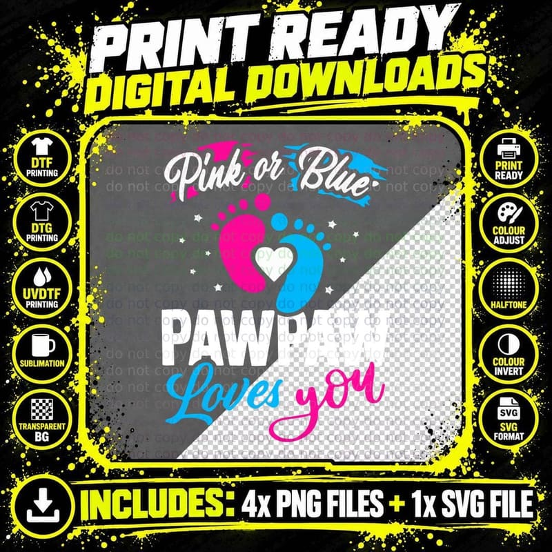 Pink or Blue Pawpaw Loves You Baby Shower Gender Reveal Png SVG Digital Bundle