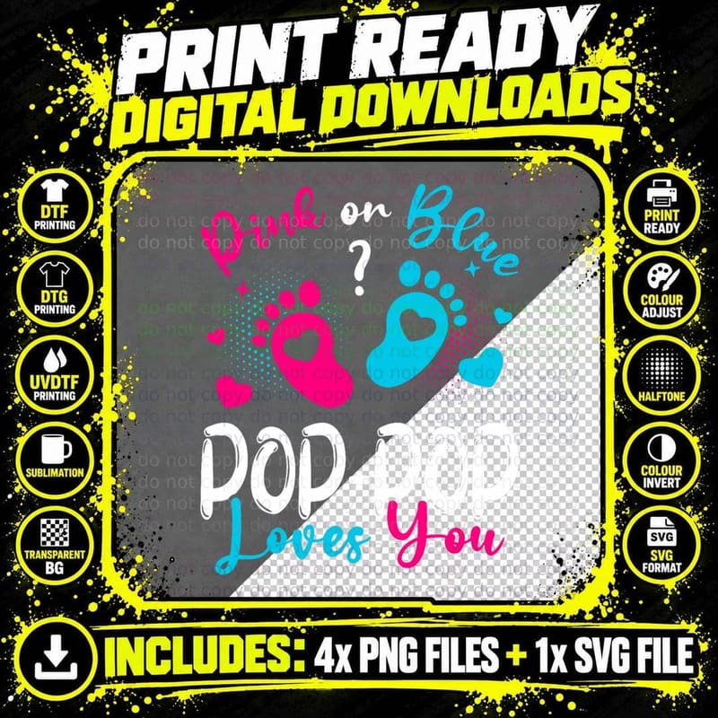 Pink or Blue Pop-Pop Loves You Gender Reveal Baby Party Png SVG Digital Bundle