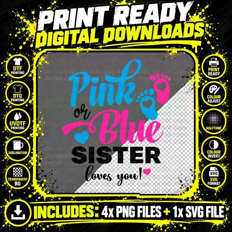 Pink or Blue Sister Loves You Gender Reveal Baby T-Shirt Png SVG Digital Bundle