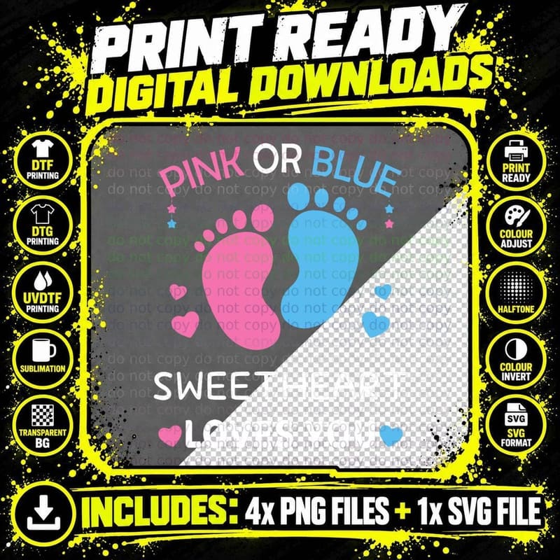 Pink or Blue Sweatheart Loves You Gender Reveal Baby Png SVG Digital Bundle