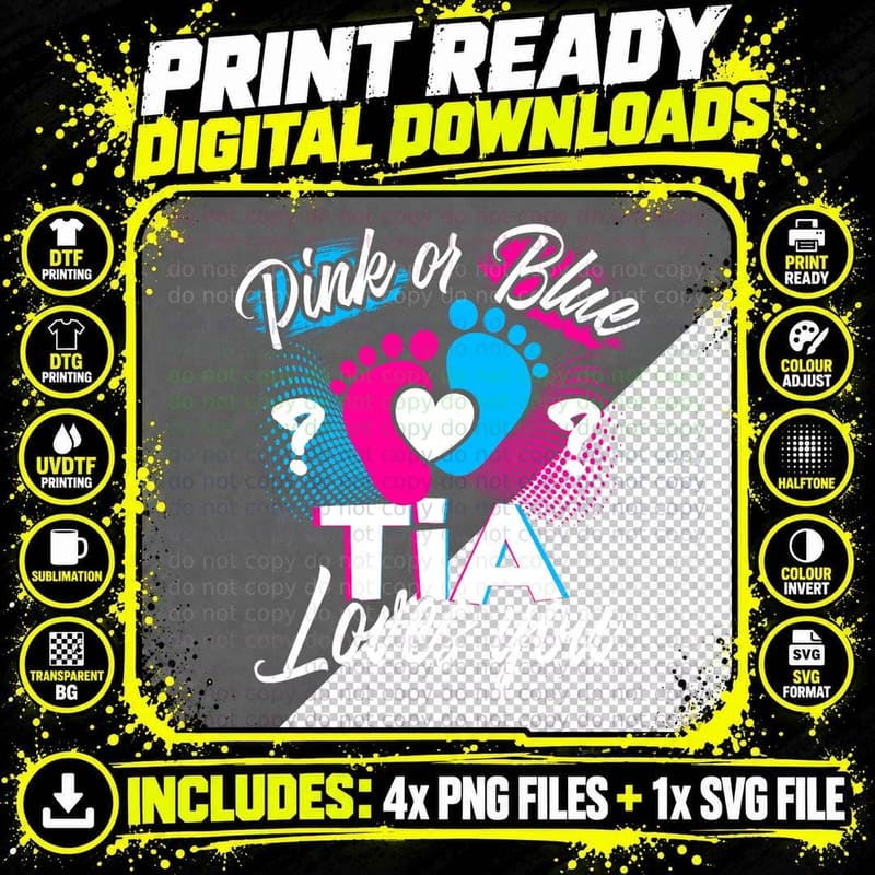 Pink or Blue Tia Loves You Gender Reveal Baby Gift Png SVG Digital Bundle