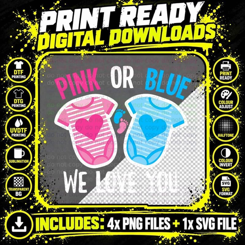 Pink or Blue We Love You Cute Gender Reveal Party T-Shirt Png SVG Digital Bundle