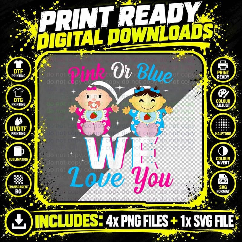 Pink or Blue We Love You Gender Reveal Announcement Png SVG Digital Bundle