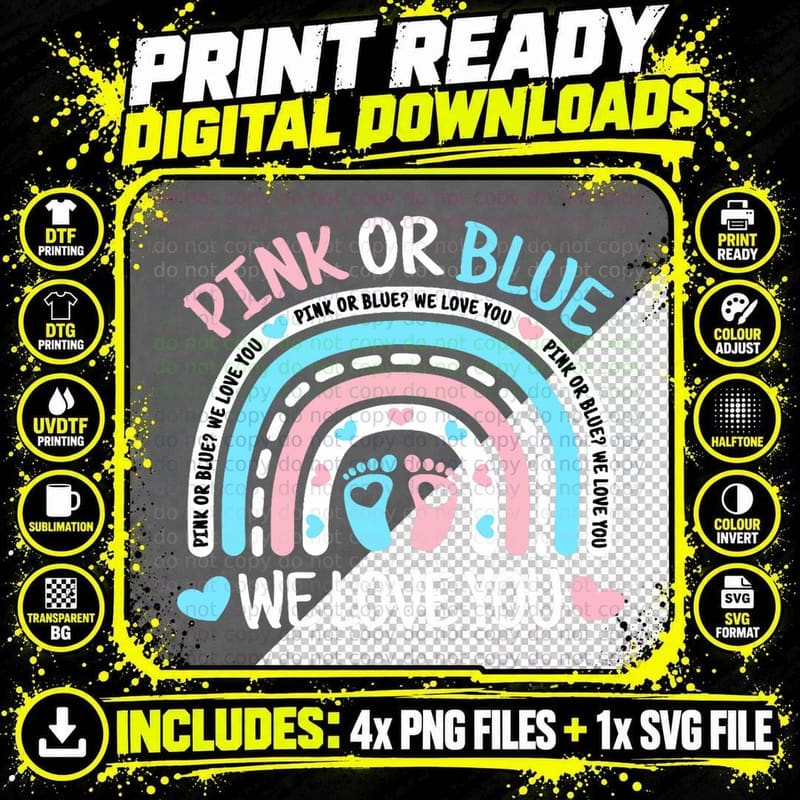 Pink or Blue We Love You Gender Reveal Cute Baby Shower Png SVG Digital Bundle