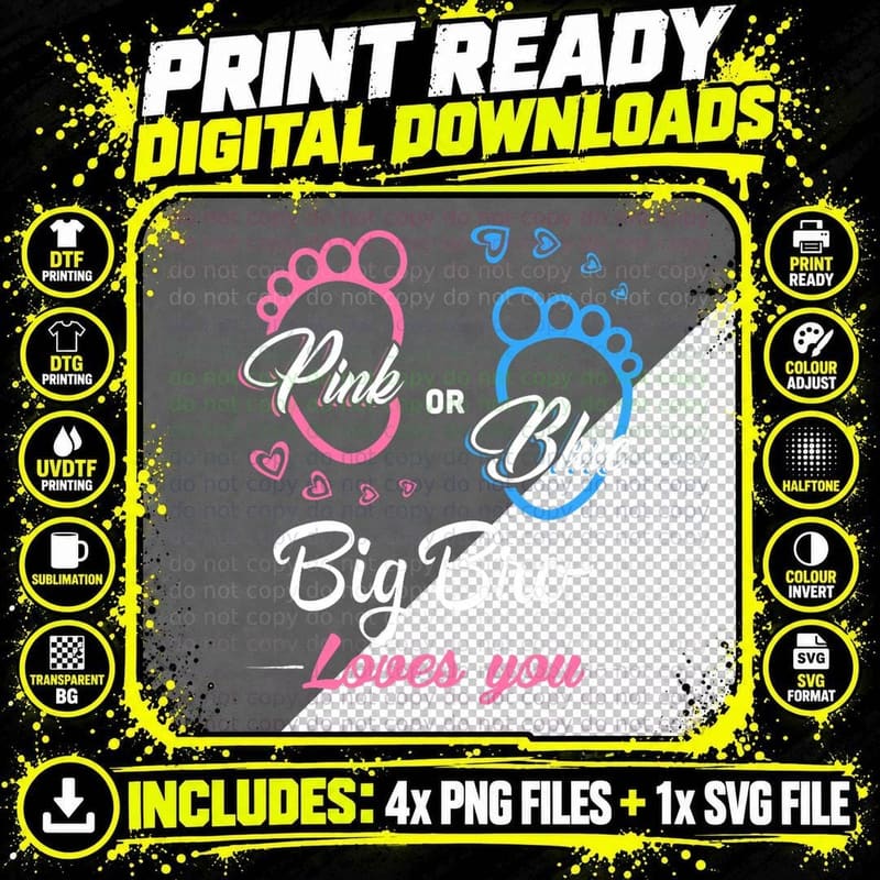 Pink or Blue Your Big Bro Loves You Gender Reveal Png SVG Digital Bundle