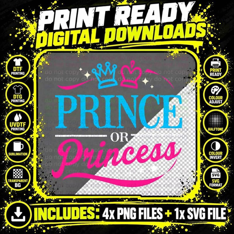 Prince or Princess Gender Reveal T-Shirt Png SVG Digital Bundle