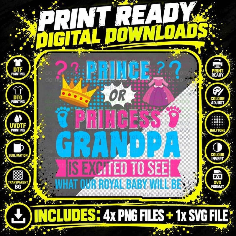 Prince or Princess Grandpa Baby Gender Reveal Party Png SVG Digital Bundle