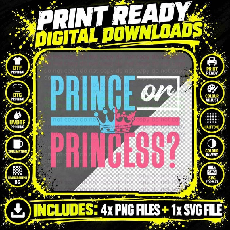 Prince or Princess Pregnancy Gender Reveal T-Shirt Png SVG Digital Bundle