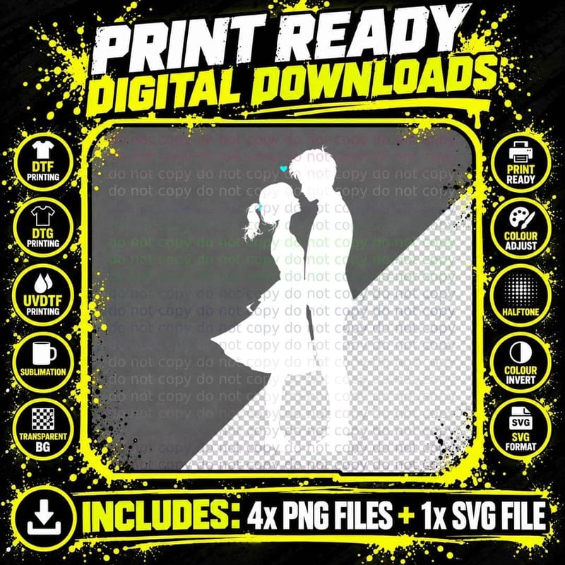 Romantic Couple Silhouette with Heart Wedding T-Shirt Png SVG Digital Bundle