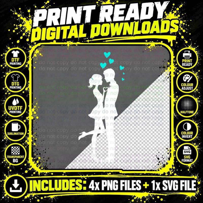 Romantic Couple Silhouette with Hearts Wedding Design Png SVG Digital Bundle