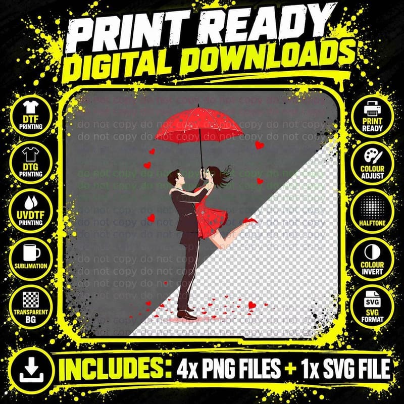 Romantic Couple Under Umbrella Wedding T-Shirt Png SVG Digital Bundle