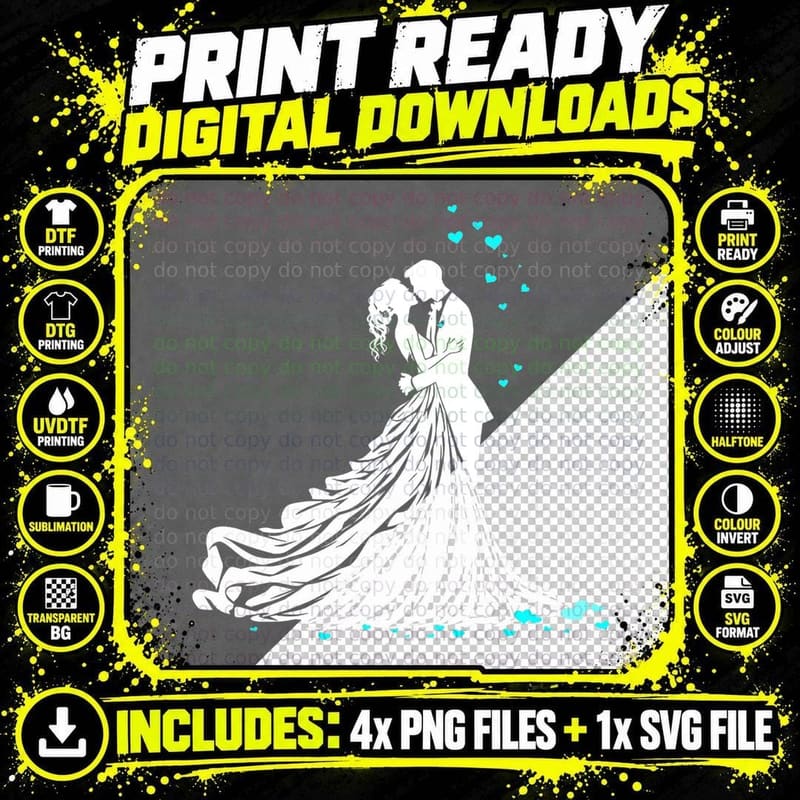 Romantic Wedding Silhouette with Hearts Wedding T-Shirt Png SVG Digital Bundle
