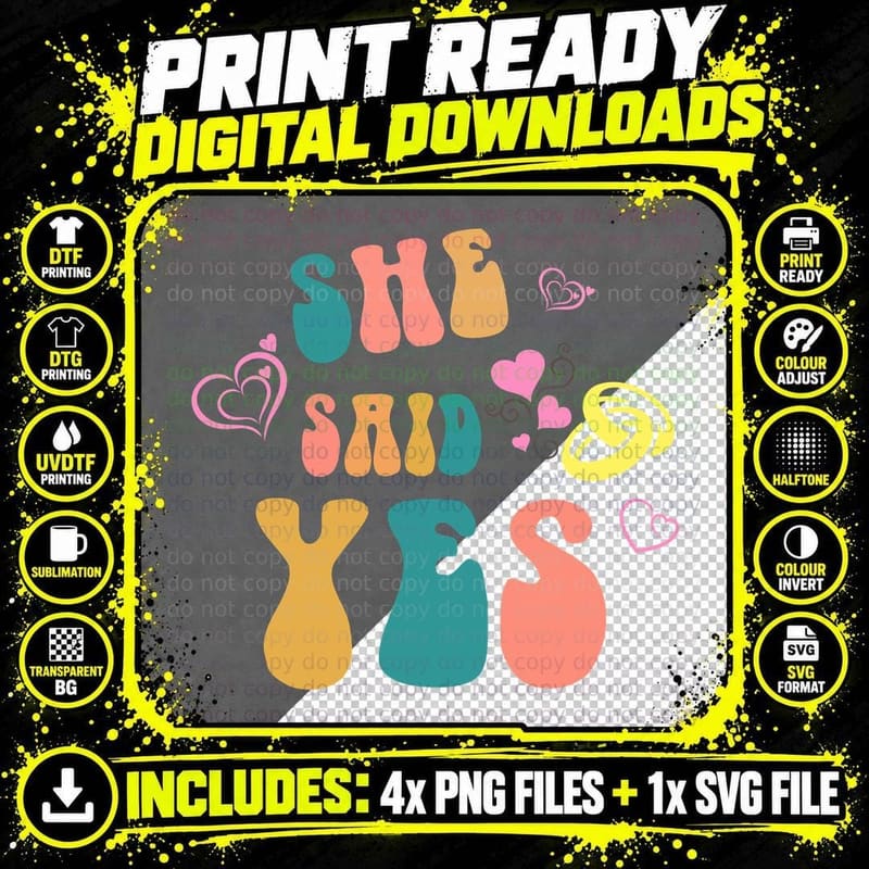 She Said Yes Wedding T-Shirt, Colorful Hearts on Gray Png SVG Digital Bundle