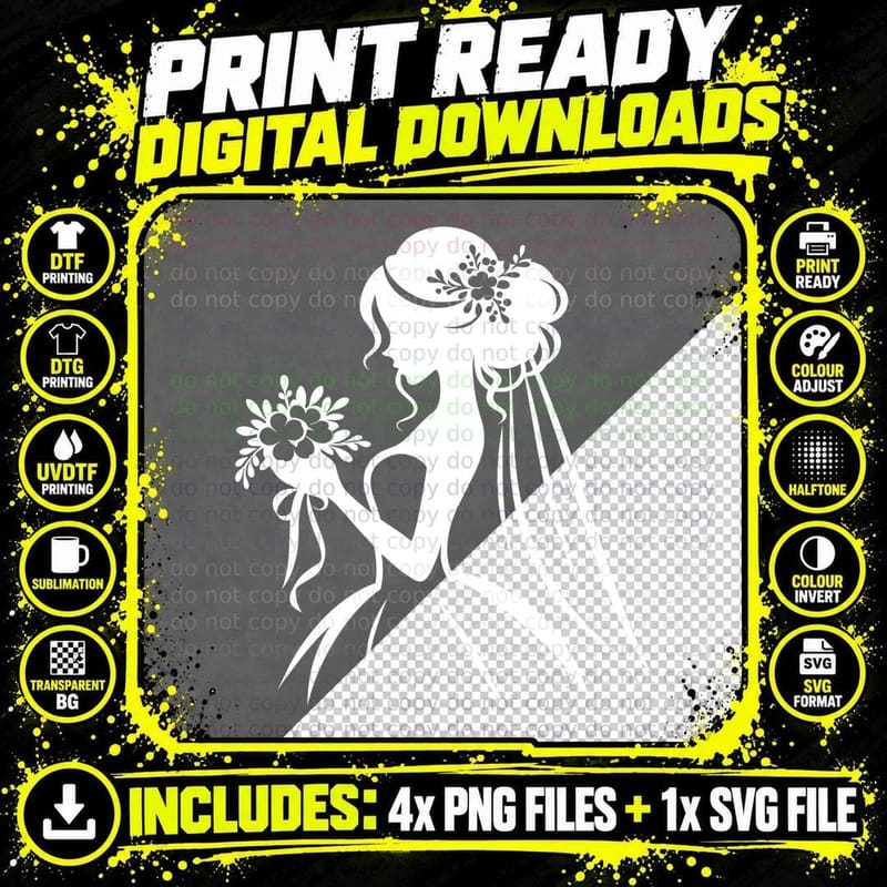 Silhouette Bride Holding Bouquet Wedding Art T-Shirt Png SVG Digital Bundle