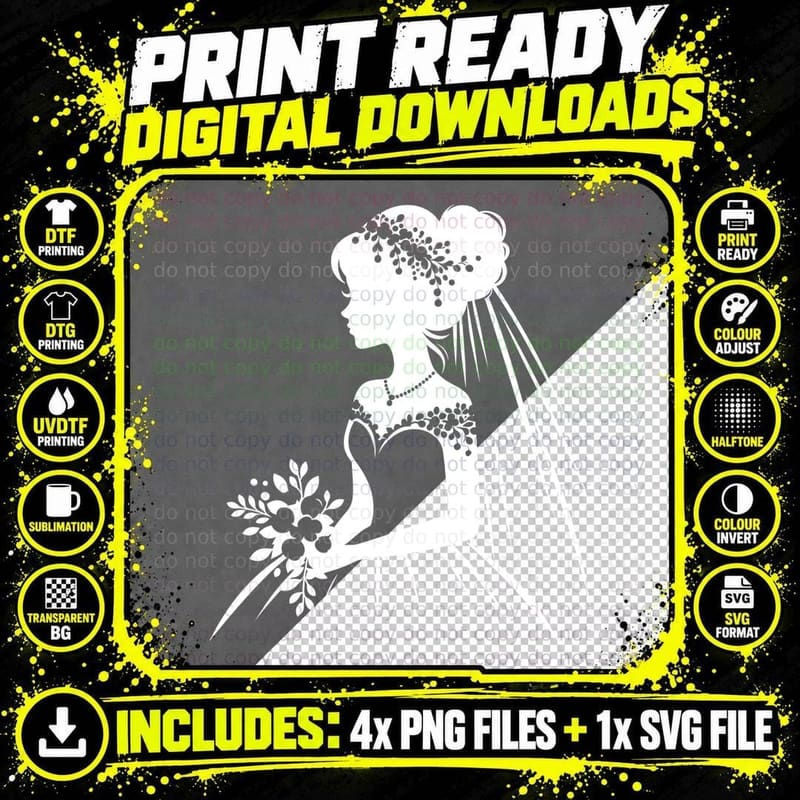 Silhouette Bride Holding Bouquet Wedding Design T-Shirt Png SVG Digital Bundle