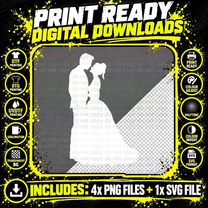 Silhouette Couple Kissing Wedding T-Shirt Png SVG Digital Bundle