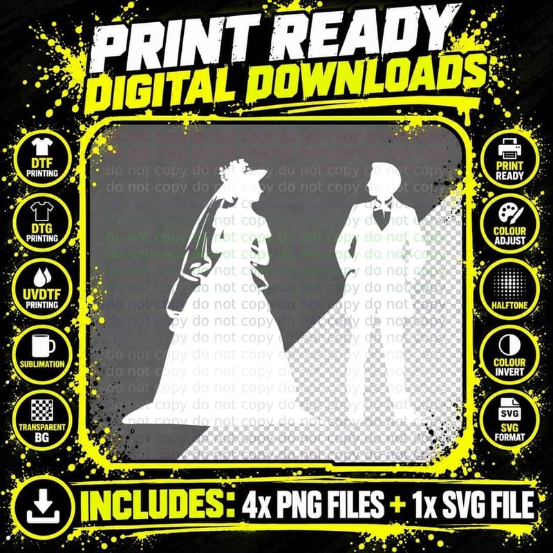 Silhouette Couple in Formal Attire Wedding Print T-Shirt Png SVG Digital Bundle