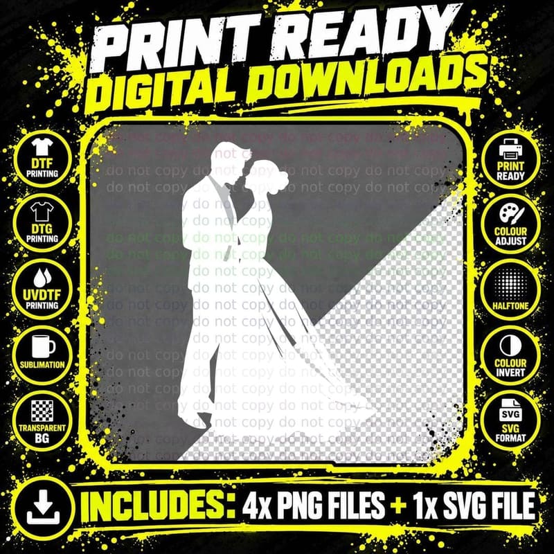 Silhouette Couple in Formal Attire Wedding T-Shirt Png SVG Digital Bundle
