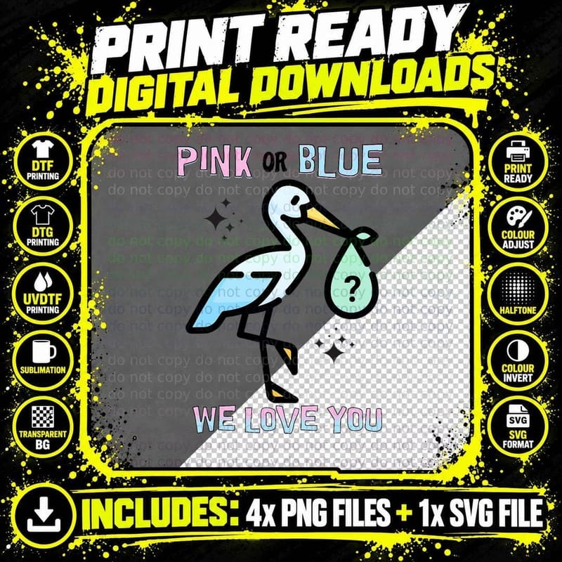 Stork Pink or Blue We Love You Pregnancy Baby Gender Png SVG Digital Bundle