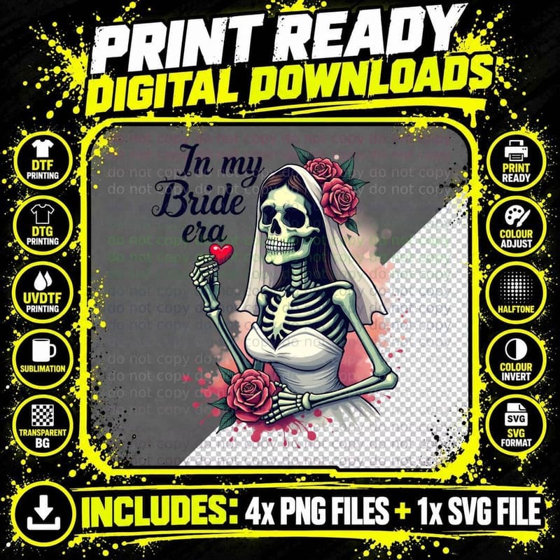 Sugar Skull Bride Wedding Dress Lace Veil Flowers Dark Png SVG Digital Bundle