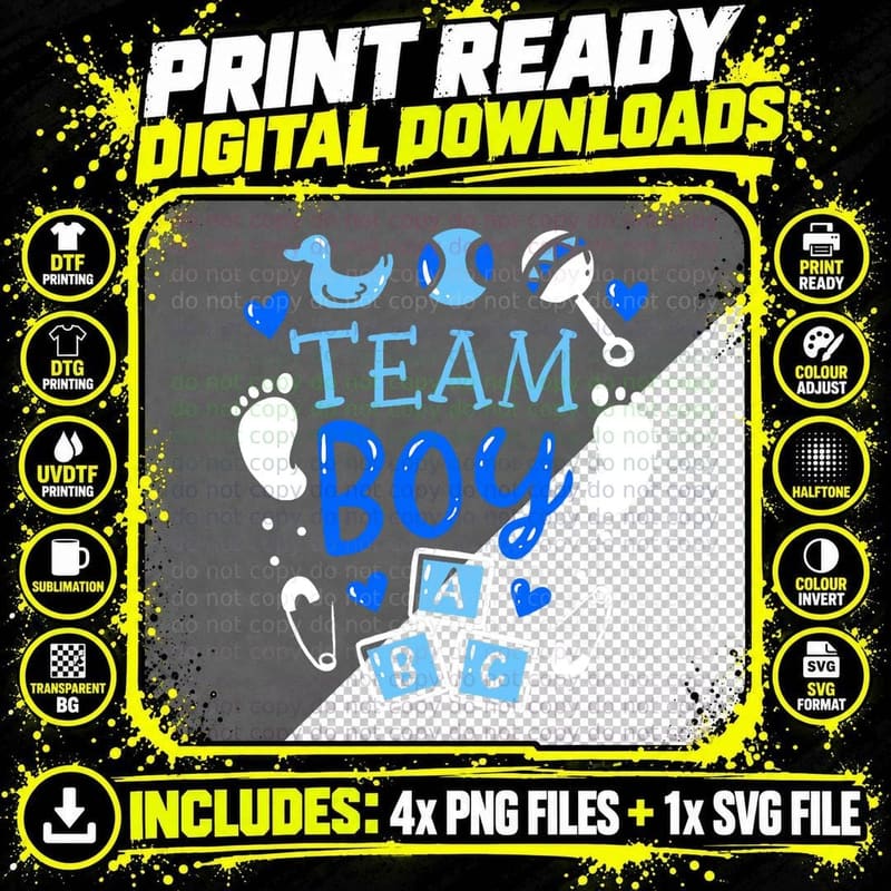 Team Boy Gender Reveal Party T-Shirt, Baby Announcement Png SVG Digital Bundle