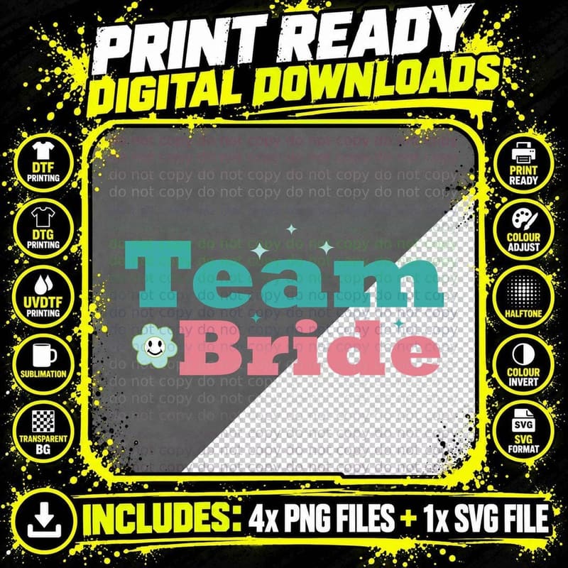 Team Bride Wedding T-Shirt, Smiling Flower with Sparkles Png SVG Digital Bundle