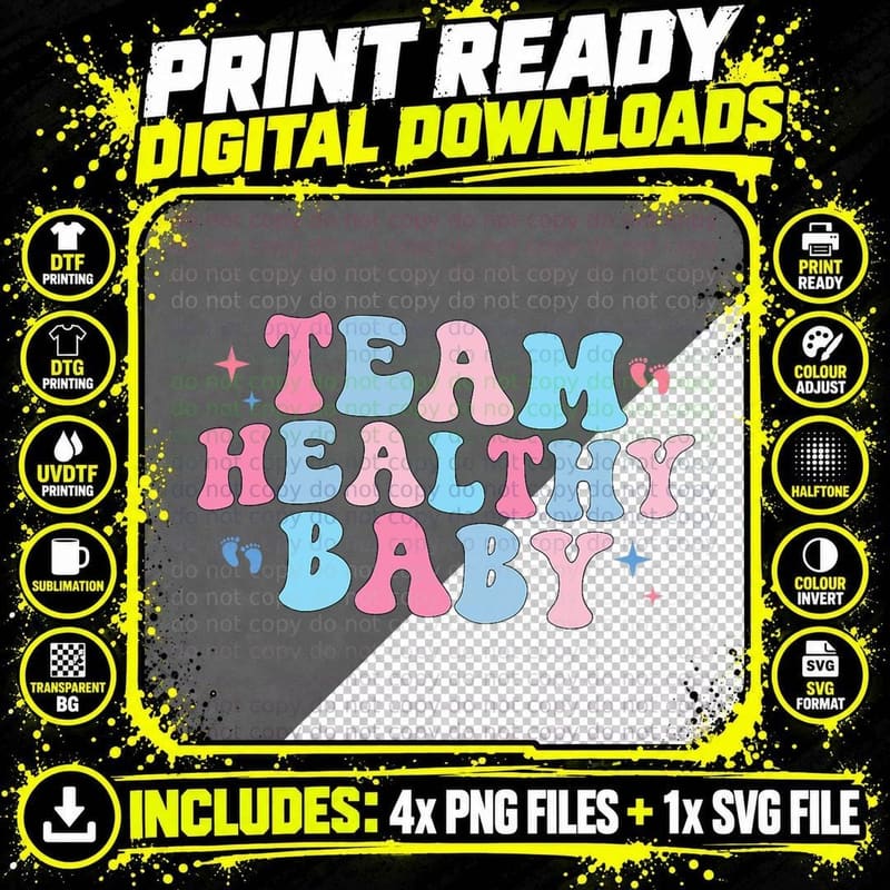 Team Healthy Baby Gender Reveal Party Pink or Blue Png SVG Digital Bundle