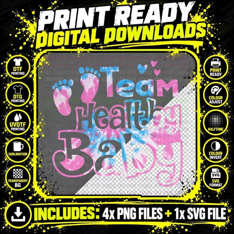 Team Healthy Baby Gender Reveal Party Tie Dye T-Shirt Png SVG Digital Bundle