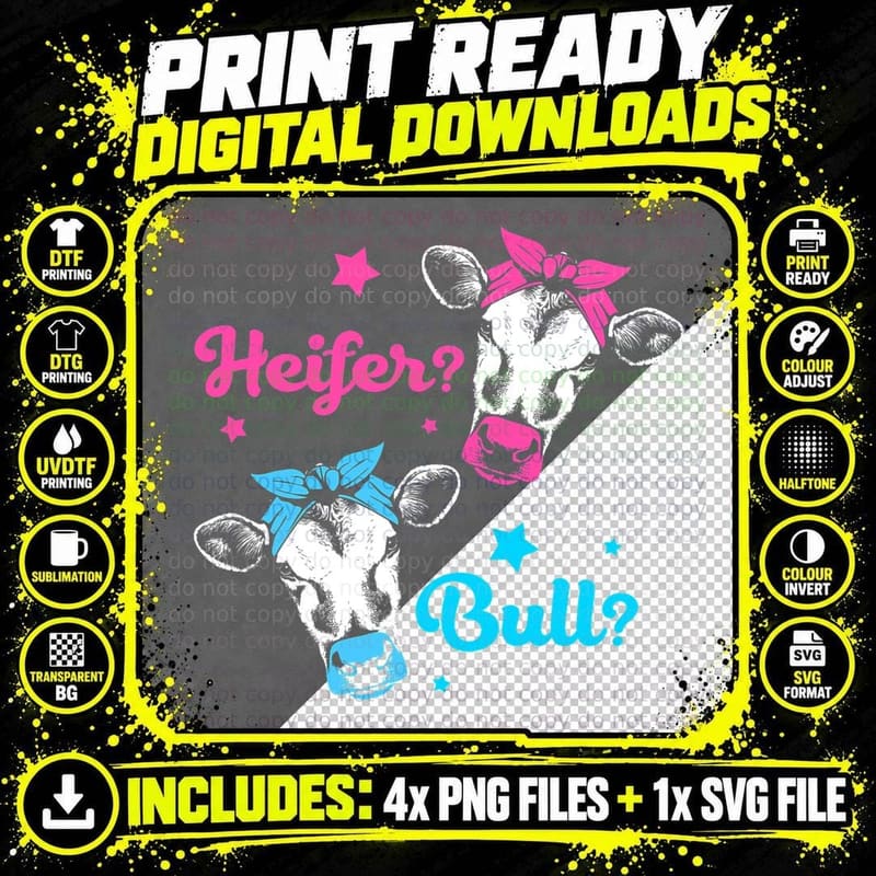 Team Pink or Blue Heifer or Bull Gender Reveal T-Shirt Png SVG Digital Bundle