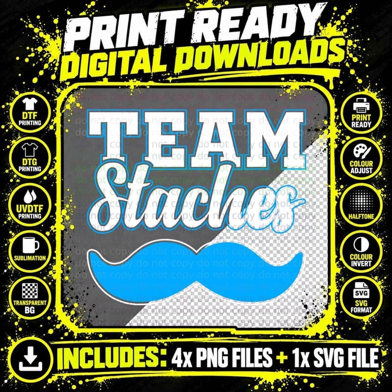 Team Staches Gender Reveal Pregnancy Announcement Baby Png SVG Digital Bundle