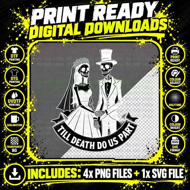 Till Death Do Us Part Black White Skeletons Wedding Png SVG Digital Bundle
