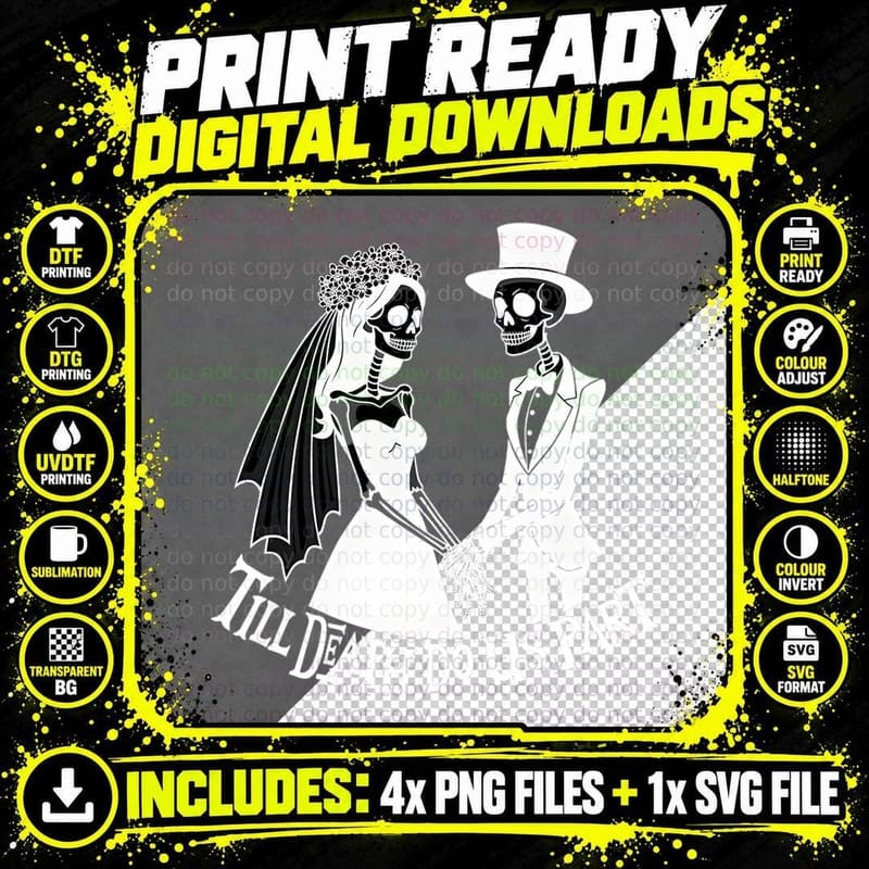 Till Death Do Us Part Skeletons Black White Wedding Png SVG Digital Bundle