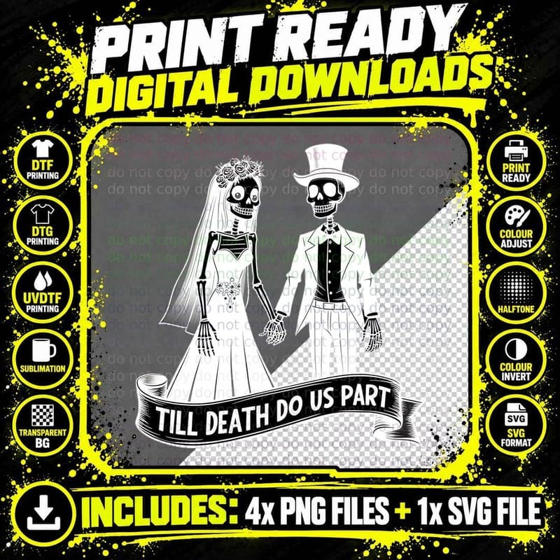 Till Death Do Us Part Skeletons Bride Groom Wedding Png SVG Digital Bundle