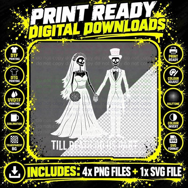 Till Death Do Us Part Skeletons Wedding Bride Groom Png SVG Digital Bundle